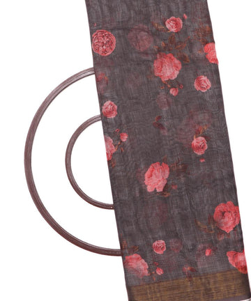 grey digital floral printed zari border doria linen fabric